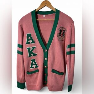AKA (Aloha Kappa Alpha) Pink and Green Cardigan with AKA Letters and Crest